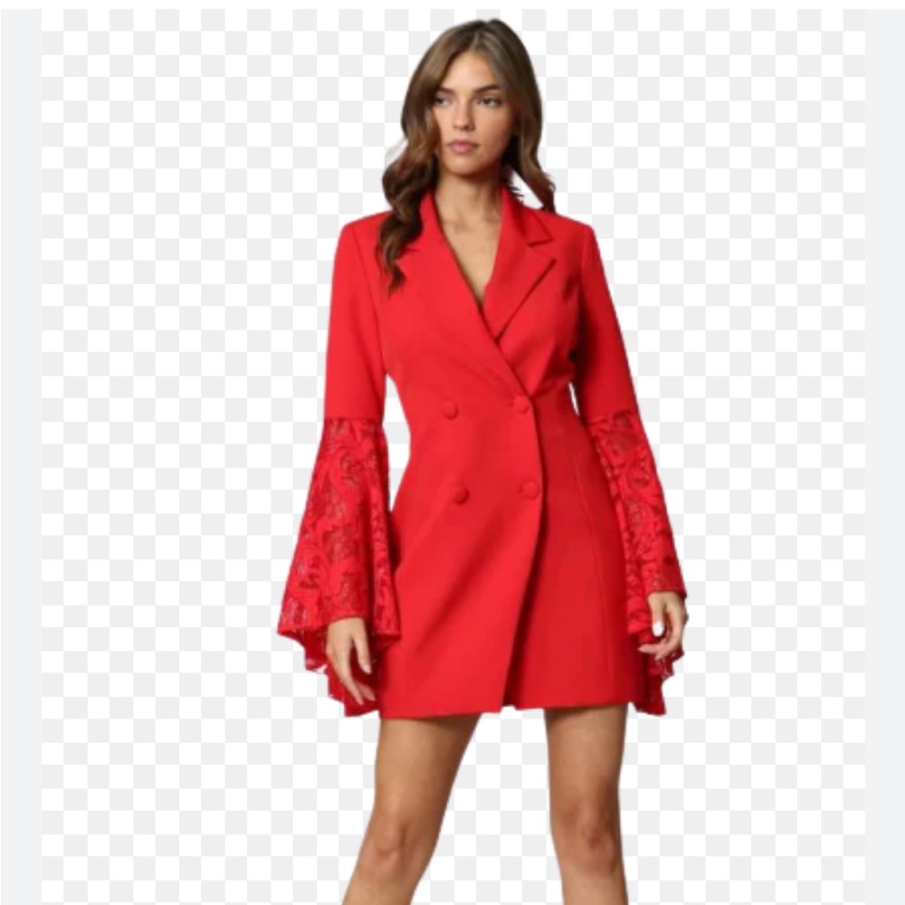 Blithe Women’s Red Blazer Dress Size Small – Double Breasted, Lace Bell Sleeves